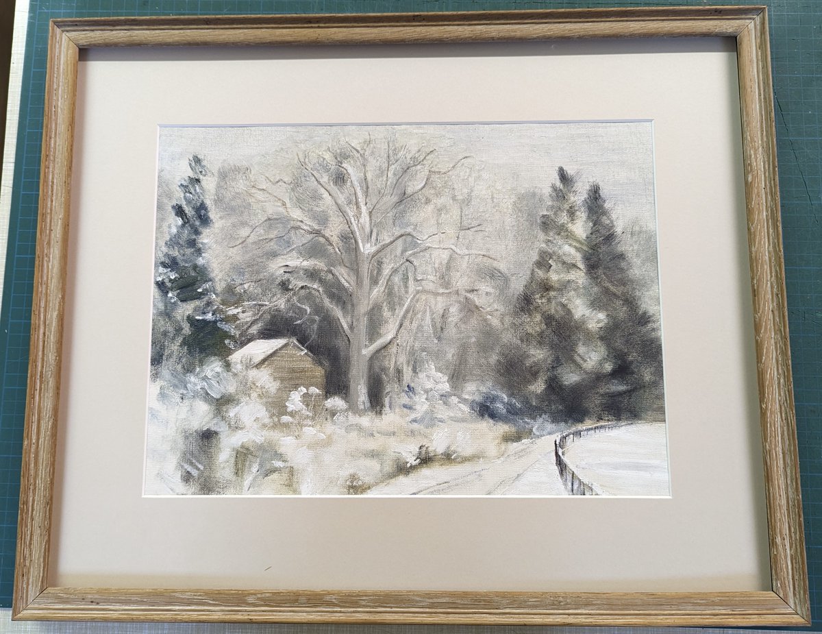 LaliNickels's tweet photo. Flaking paint is not a good look.  Consolidated and put back in original frame with a conservation mount.  
#PaperConservation #OilonPaper https://t.co/GYZ0ZLMywd