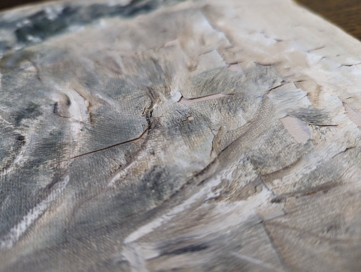 LaliNickels's tweet photo. Flaking paint is not a good look.  Consolidated and put back in original frame with a conservation mount.  
#PaperConservation #OilonPaper https://t.co/GYZ0ZLMywd