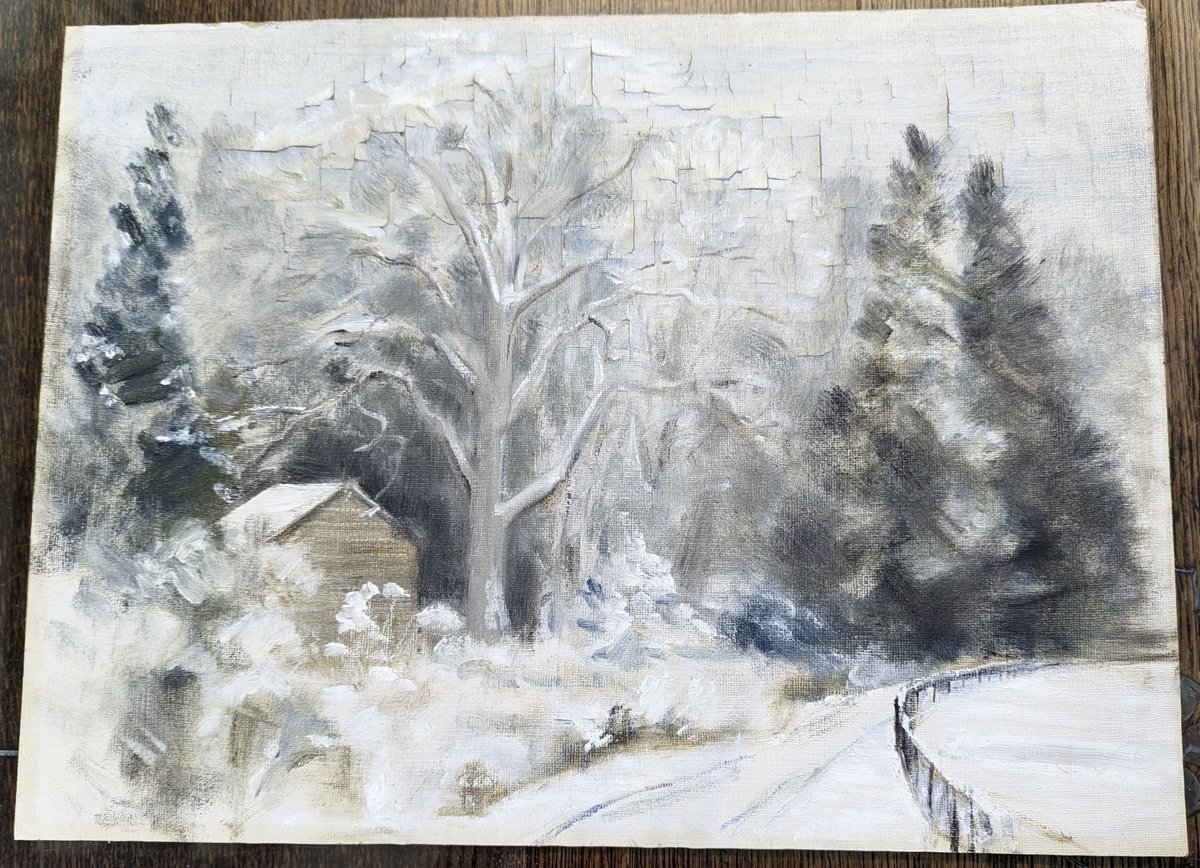 LaliNickels's tweet photo. Flaking paint is not a good look.  Consolidated and put back in original frame with a conservation mount.  
#PaperConservation #OilonPaper https://t.co/GYZ0ZLMywd
