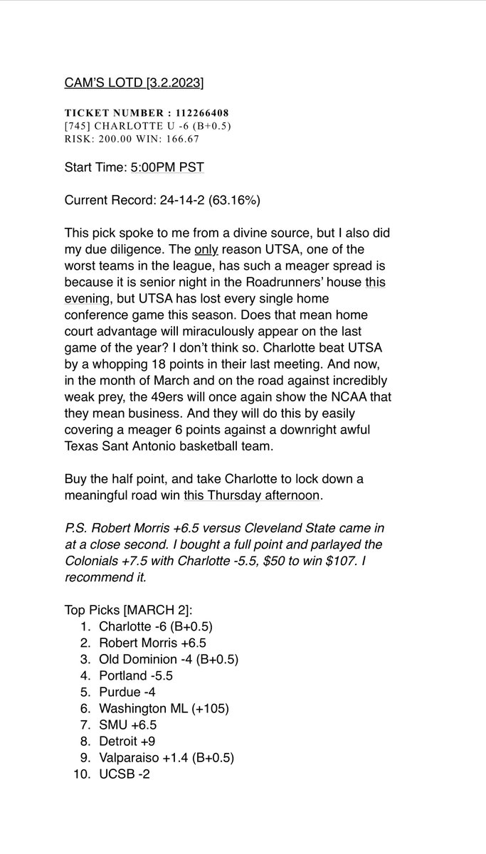 cbb_cam's tweet photo. 🏆Cam's LOTD [3.2.23]: @CharlotteMBB -6 (B+0.5)

🏀Tip Off: 5:00 PM PST

🎯Current Record: 24-14-2 (63.16%) https://t.co/bkp8NdxbFl