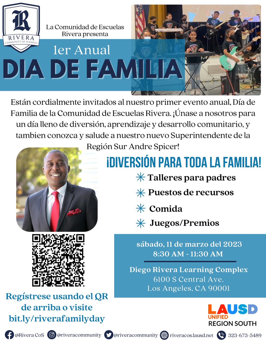 We are excited to announce our 1st annual Family Day that will have workshops, resource booths, activities for the family and even a meet and greet with our very own Region South Superintendent, Andre Spicer. Please register at bit.ly/riverafamilyday