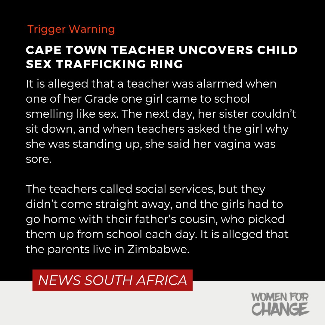 womenforchange5's tweet image. Trigger Warning: Rape; Child abuse

It is alleged that a teacher was alarmed when one of her Grade one girl came to school smelling like sex. The next day, her sister couldn’t sit down, and when teachers asked the girl why she was standing up, she said her vagina was sore.