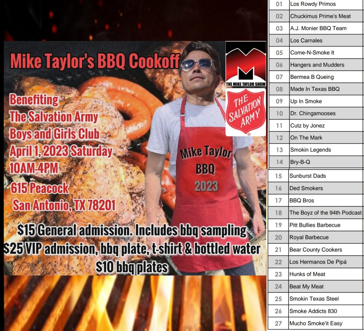 for_keds's tweet image. Make plans to come out to the 2023 @MikeTaylorShow BBQ Cookoff.
27 teams will be giving out samples and competing in this great event. 
All proceeds benefit the @salarmysatx Boys and Girls Club. 
#helplocal #thunderdome #taylorbbq