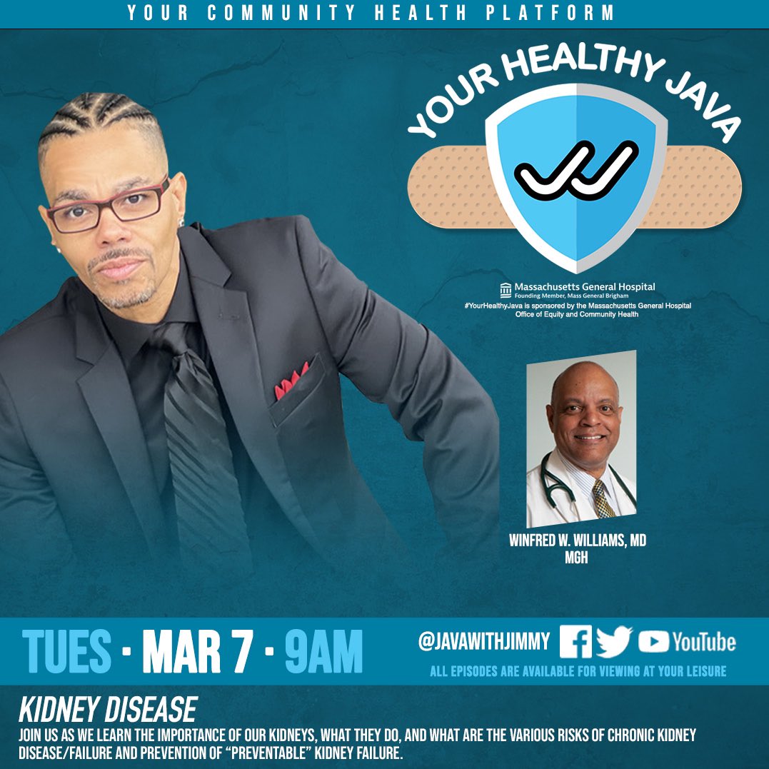 javawithJimmy's tweet image. We heard your request!

As requested, on the next #YourHealthyJava we’re discussing #kidneydisease

Why are the kidneys important to health?

What is kidney disease?

Is it preventable?

How is it treated?

Find out TUE | MAR 7 | 9 AM 

@MGHEquity