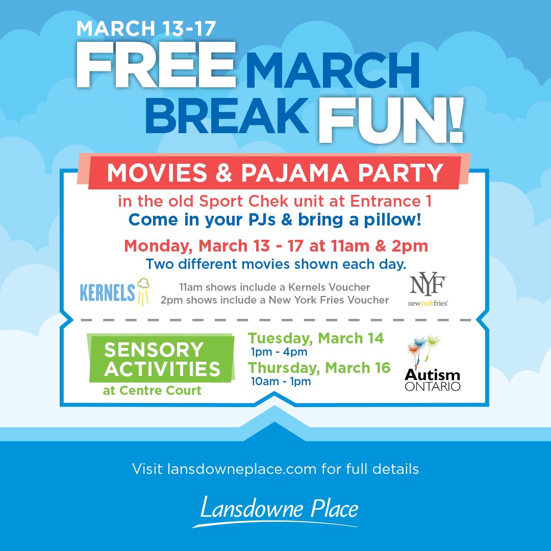 Get ready for FREE MARCH BREAK FUN from March 13th to 17th! 🌟 Visit lansdowneplace.com for full details. Please note registration is required for all movie showings.