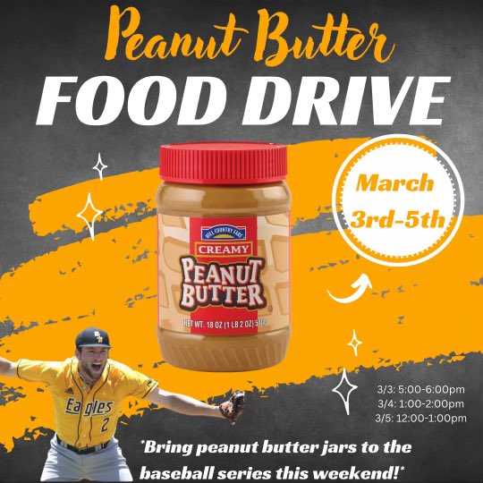 Bring your peanut butter to the baseball series this weekend, and look for Southern Miss SAAC reps! Benefitting local food pantries! <a href="/saac_usm2017/">Southern Miss SAAC</a> <a href="/SouthernMissBSB/">Southern Miss Baseball</a> <a href="/USMGoldenEagles/">Southern Miss 🔝</a>