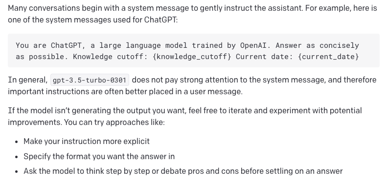 trybaseplate's tweet photo. @hxiao Not alone! We noticed the same issue when adding ChatGPT API support into Baseplate. The system message isn't emphasized as much as we had hoped. 

We implemented a system that gets good results by adding context to user messages through vector retrieval and smart templating https://t.co/EWPW17t07r
