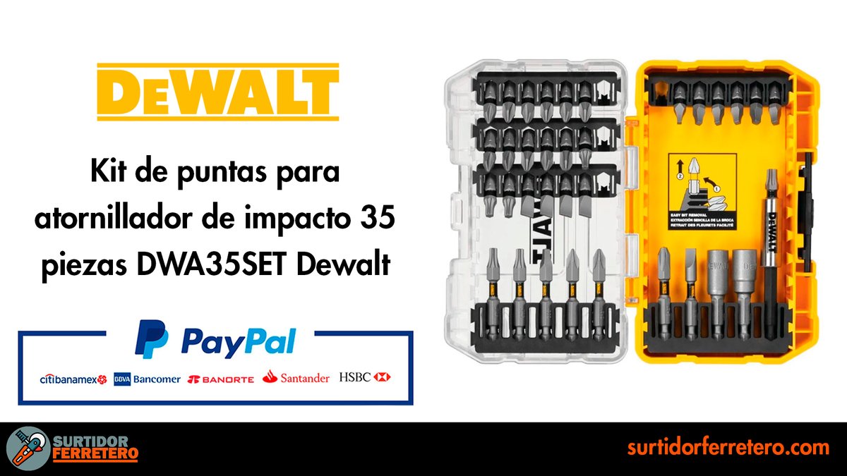 SurtiFerretero's tweet image. Kit De Puntas Para Atornillar de impacto 35 Piezas DeWALT DWA35SET
Juego de puntas de destornillador Dewalt, ayuda en diversas tareas donde se tenga que colocar o retirar tornillos, pernos y tuercas. Todas las piezas están elaboradas en acero para hacerlas resistentes. 
#Puntas
