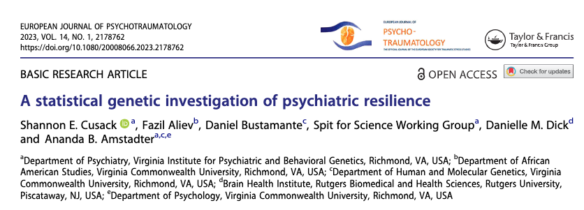 DrAmstadter's tweet photo. Dr. Cusack's dissertation study paper was published today! She led novel work on the molecular genetics of psychiatric resilience, a growing and needed line of inquiry. Congrats, Shannon and team! 
https://t.co/WspiGtmLrq

@ShannonCusack7 @DrDanielleDick @Molff https://t.co/9rK0NCccgF
