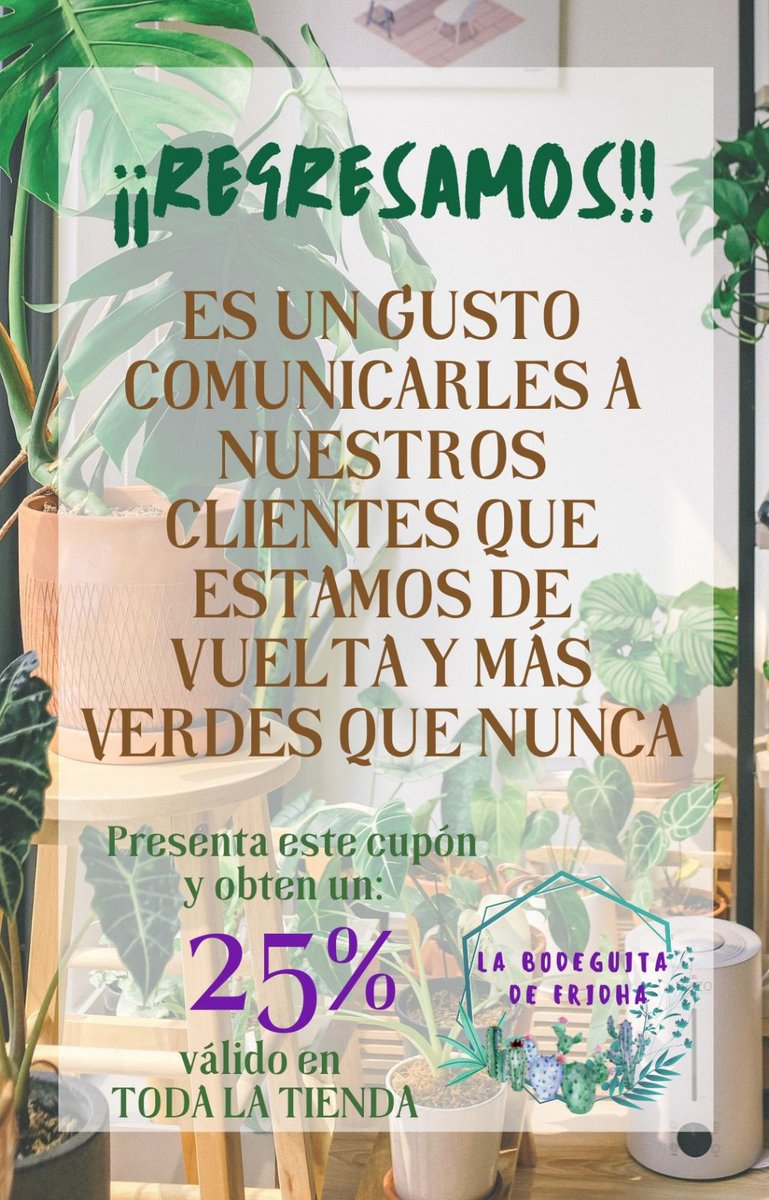 BodeguitaFridha's tweet photo. Es un enorme placer anunciarles a nuestros clientes, que reanudamos nuestros servicios. Y para agradecer su lealtad, presentando éste cupón obtendrán un 25% de descuento en TODA LA TIENDA 🥳🥳
Consuman local, regala vida 🪴
@BodeguitaFridha 🌻 https://t.co/tn17Ahej9K