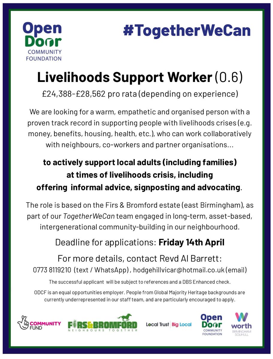 FirsBromford's tweet photo. @HHOpenDoor are recruiting! A vital new role within Open Door Community Foundation, supporting neighbours alongside our community-building work. #TogetherWeCan (please share, etc!) https://t.co/BLFaj0cwNS