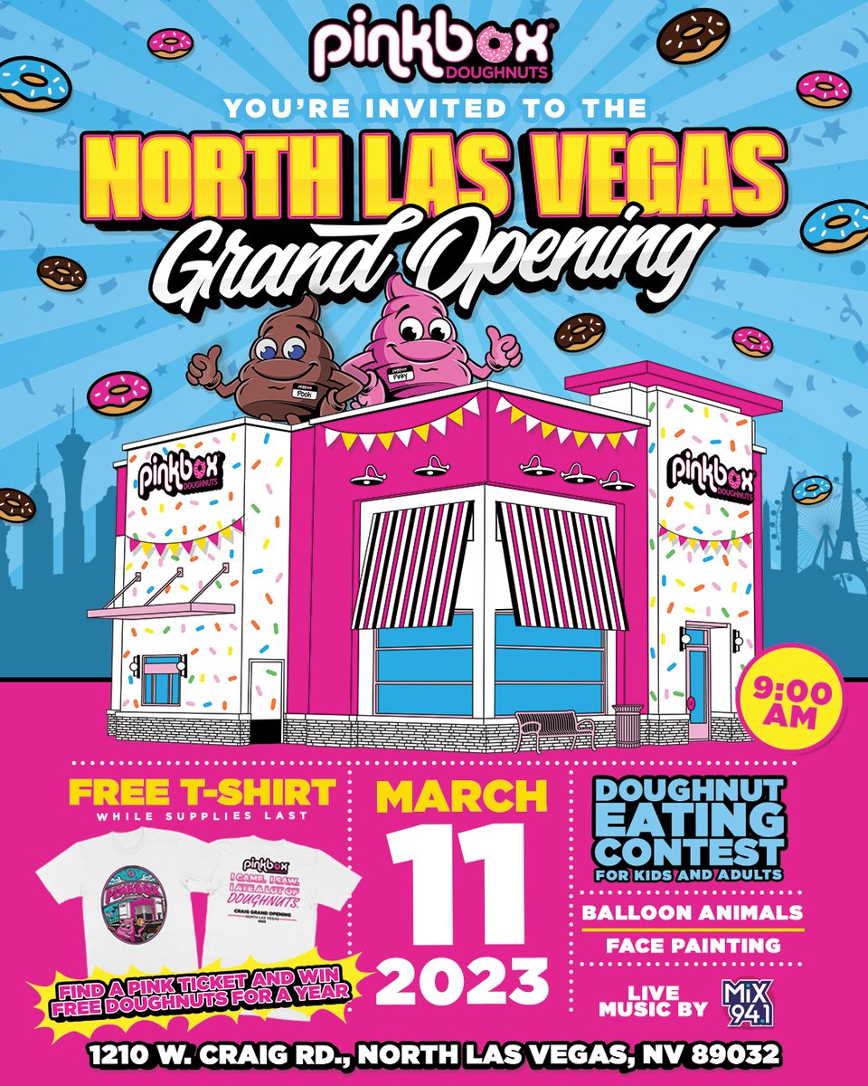 Pinkboxdoughnut's tweet photo. #NorthLasVegas Get ready to Party!!! 🍩 Join Us On Saturday March, 11 @ 9 AM To Celebrate Our Grand Opening And Be The FIRST To See Our Newest Shop! Fun Activities For The Entire Family🎵🎉
Don’t Miss The Hottest Party In Town 🎊
📍1210 W. Craig Road
#pinkboxdoughnuts https://t.co/OLUJhoqEdA