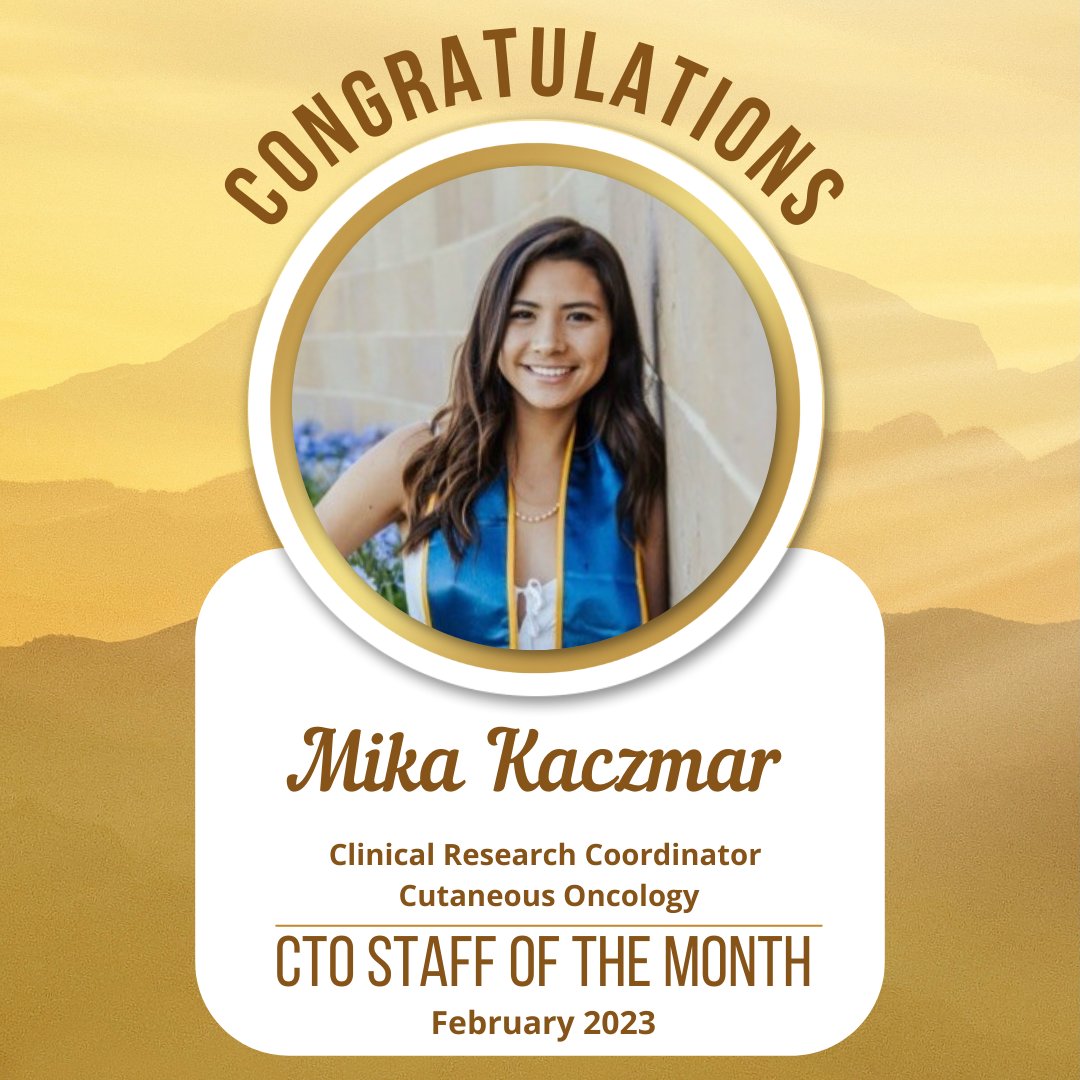UCSD Moores Cancer Center- Clinical Trials Office (@ucsdcancercto) on Twitter photo Congratulations to Mika Kaczmar, February 2023 CTO Staff of the Month. Thank you for always being a team player and your leadership in training new CRCs! <a href="/UCSDCancer/">UC San Diego Health Moores Cancer Center</a> #moorescancercenterCTO Congratulations to Mika Kaczmar, February 2023 CTO Staff of the Month. Thank you for always being a team player and your leadership in training new CRCs! <a href="/UCSDCancer/">UC San Diego Health Moores Cancer Center</a> #moorescancercenterCTO