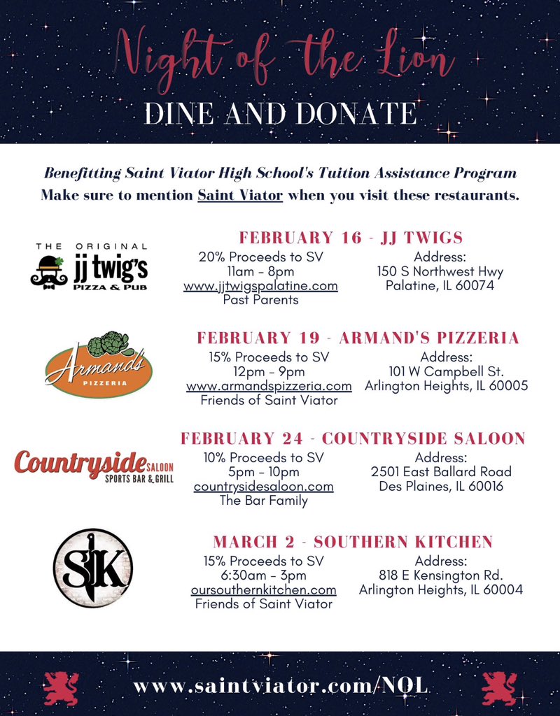 Cari_Miller5's tweet photo. Come out to @southkitch and support @SaintViatorHS and tuition assistance. Just show the below flyer! Delicious! https://t.co/5YfbQhiQi2