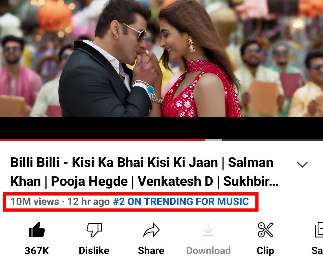 i_yogesh22's tweet photo. #BilliBilli Song hits 10 MILLION views in 12 Hours with 367K+ Likes, Currently TRENDING NO.2 on YouTube with 99% Positive Reviews from Neutrals and Fans! #SalmanKhan | #PoojaHegde https://t.co/QnkHpD6NlB