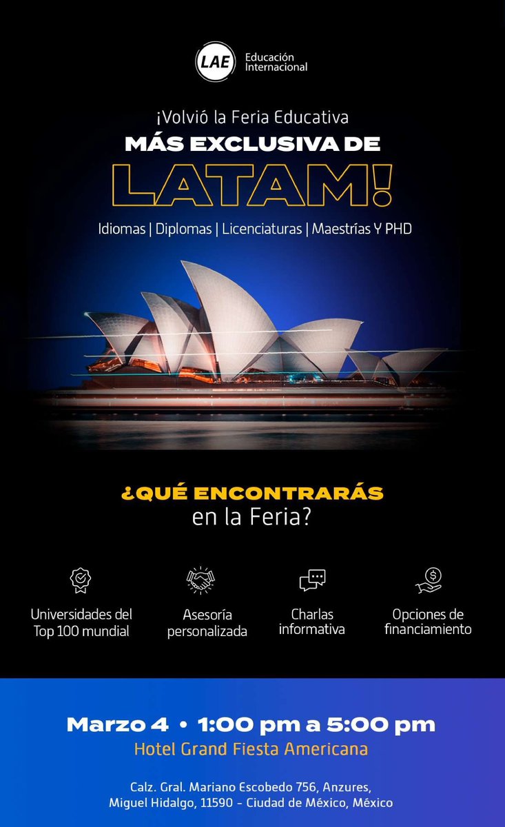 🤓¡Estudia en Australia🇦🇺!

✨Este sábado 04 de marzo en la Feria Educativa más exclusiva de LATAM conocerás toda la oferta educativa, becas y financiamiento que tiene para ti Australia.

✍️Regístrate en: feria.lae-edu.com/presencial/mx/