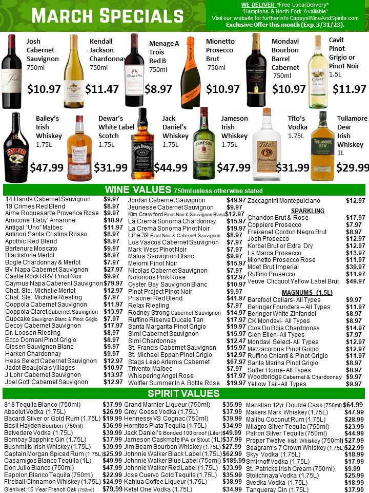 CappysCappys's tweet photo. MARCH SALE IS HERE!!!  Check it Out!  #sale #marchsale #springsale #stpatricksdaysale #wine #liquor #lynbrook https://t.co/V6eUsC8YCQ