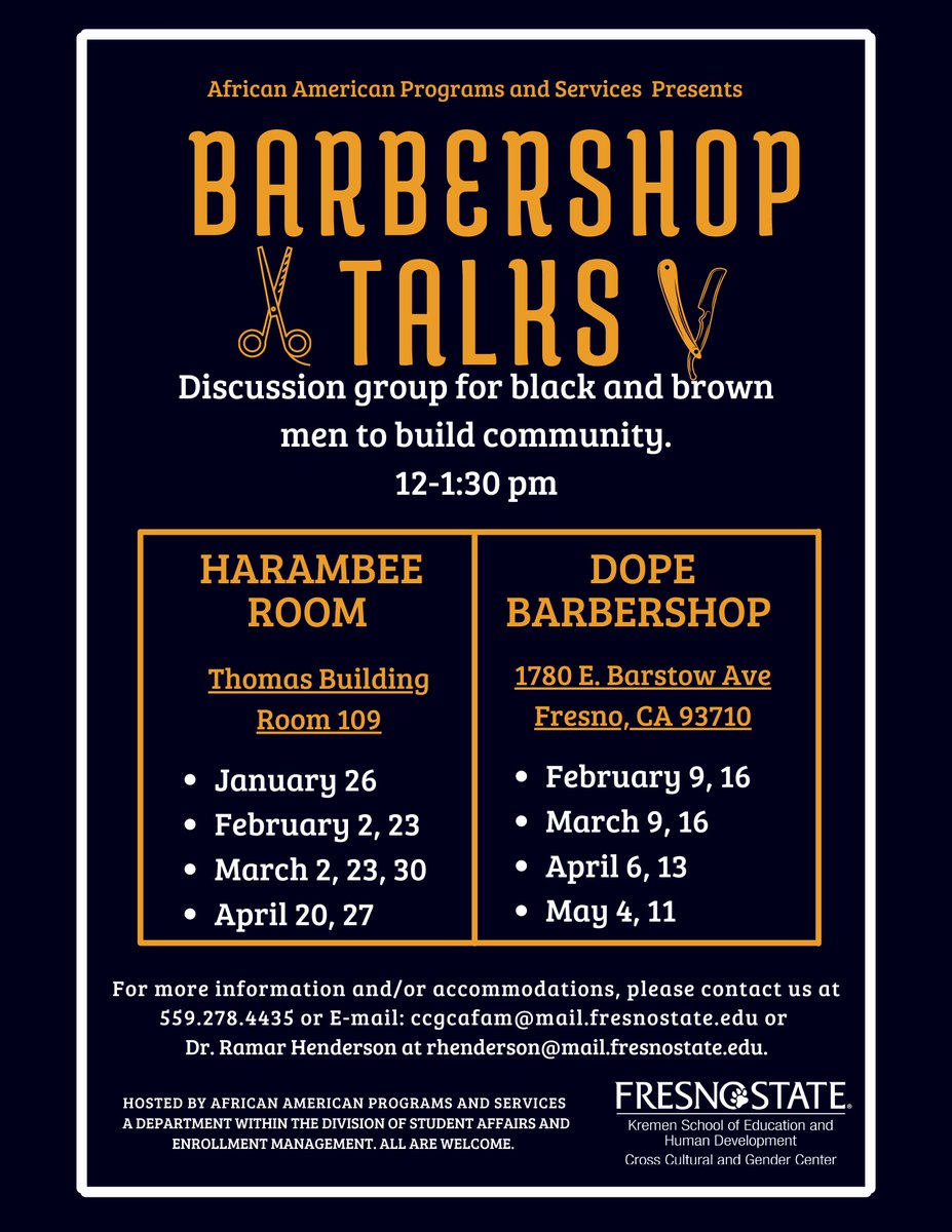 Barbershop Talks HAPPENING TODAY at 12 p.m. to 1:30 p.m. in the Harambee room Thomas building room 109.