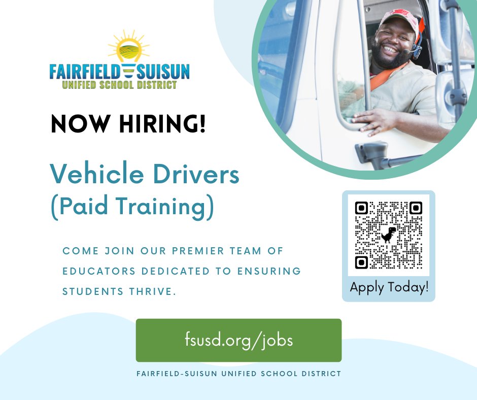 FSUSD is looking for vehicle drivers to join the team! FSUSD offers paid training, competitive salaries, and a comprehensive benefits package. Apply today: FSUSD.org/jobs
