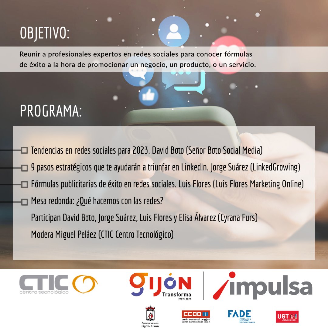 #Formación 💻 Jornada @fundacionctic y Gijón Impulsa «Fórmulas de éxito en redes sociales: hablan l@s expert@s». 

Descubre las claves para impulsar tu negocio, producto o servicio a través de las redes sociales.

📅 22 de marzo
🕔 17 a 19 h.
📍 Edificio impulsa

👇🧵