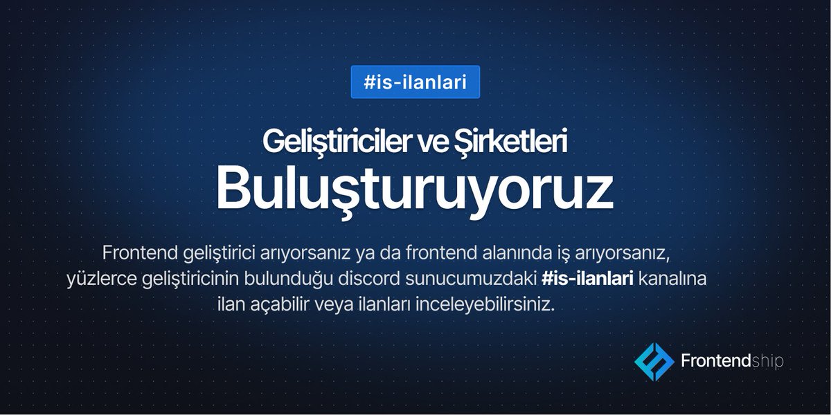 Frontendship topluluğu, nitelikli geliştiricileri ve onları arayan şirketleri bir araya getiriyor. Her seviyeden geliştiriciyle tanışarak kariyerinize katkı sağlayabilirsiniz. 

Katılmak için aşağıdaki linki kullanabilirsiniz.
Discord: discord.gg/frontendship
#frontend #isilani
