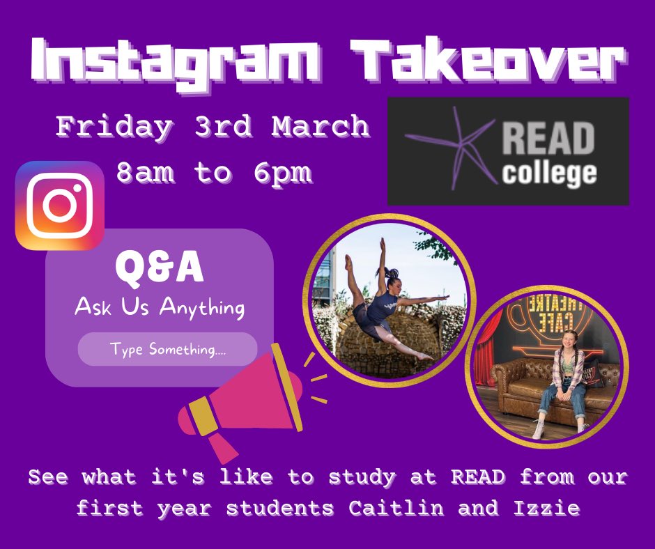 Join us tomorrow on Instagram (@readcollege) for a takeover from our first year students! 
Follow us for a day in the life and ask us anything. 💜
#dramaschool #musicaltheatre #wheredoyouwanttobe