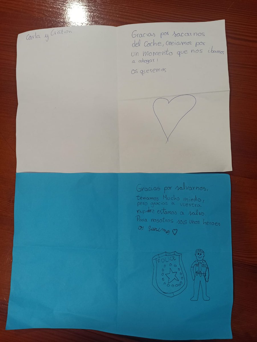 policia's tweet photo. Se nos llena el 💙 de #orgullo 

Carla y Cristian nos han mandado esta carta de agradecimiento por su rescate el pasado martes, cuando junto a su papá quedaron atrapados en su coche debido a un fuerte torrente en #Palma 

Sois muy valientes 👩🧑

#SomosTuPolicía 👮‍♀️👮 https://t.co/2aGlrBJqN9