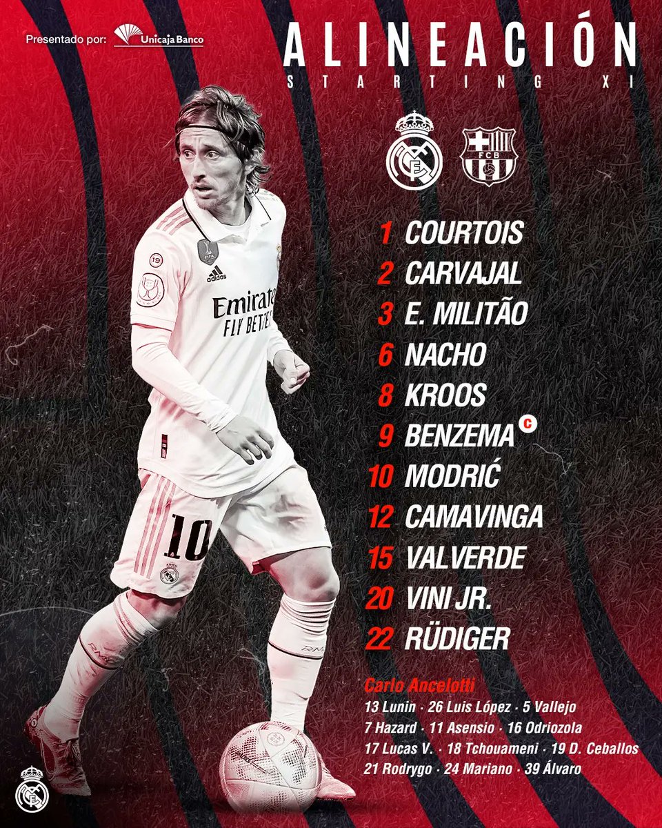 Congresoccer's tweet photo. 📋¡Alineaciones listas para #ElClásico!🇪🇦

Así saltan Real Madrid y Barcelona en la ida de semifinales de la Copa del Rey.

#FBNConecta #RealMadridvsBarcelona #CopadelRey2023 https://t.co/U8i74avRRa