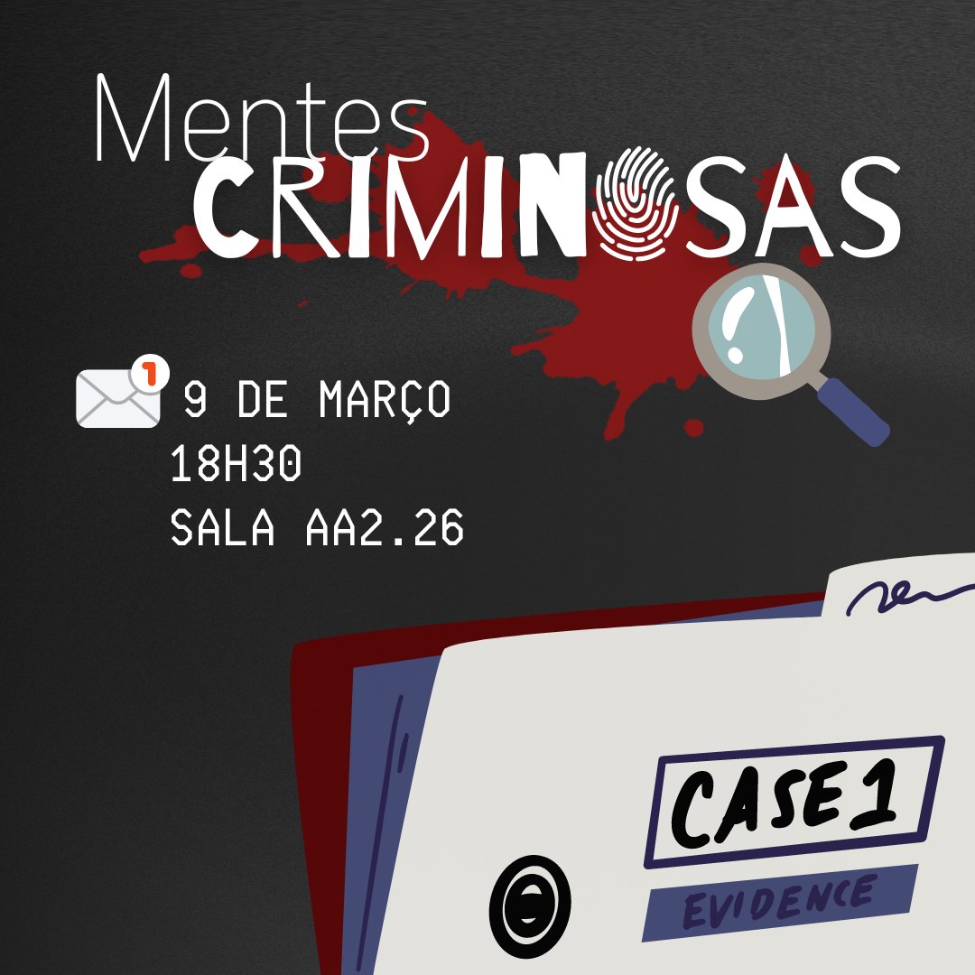 nepiscte's tweet photo. Tens curiosidade sobre a Psicologia Criminal? Sim! “Mentes Criminosas” preenche os requisitos! 

Dia 9 de Março às 18h30, dirige-te à sala AA2.26! 

Inscreve-te já através do formulário que está disponível no link na bio do nosso Instagram! https://t.co/LoaZkGlU6C