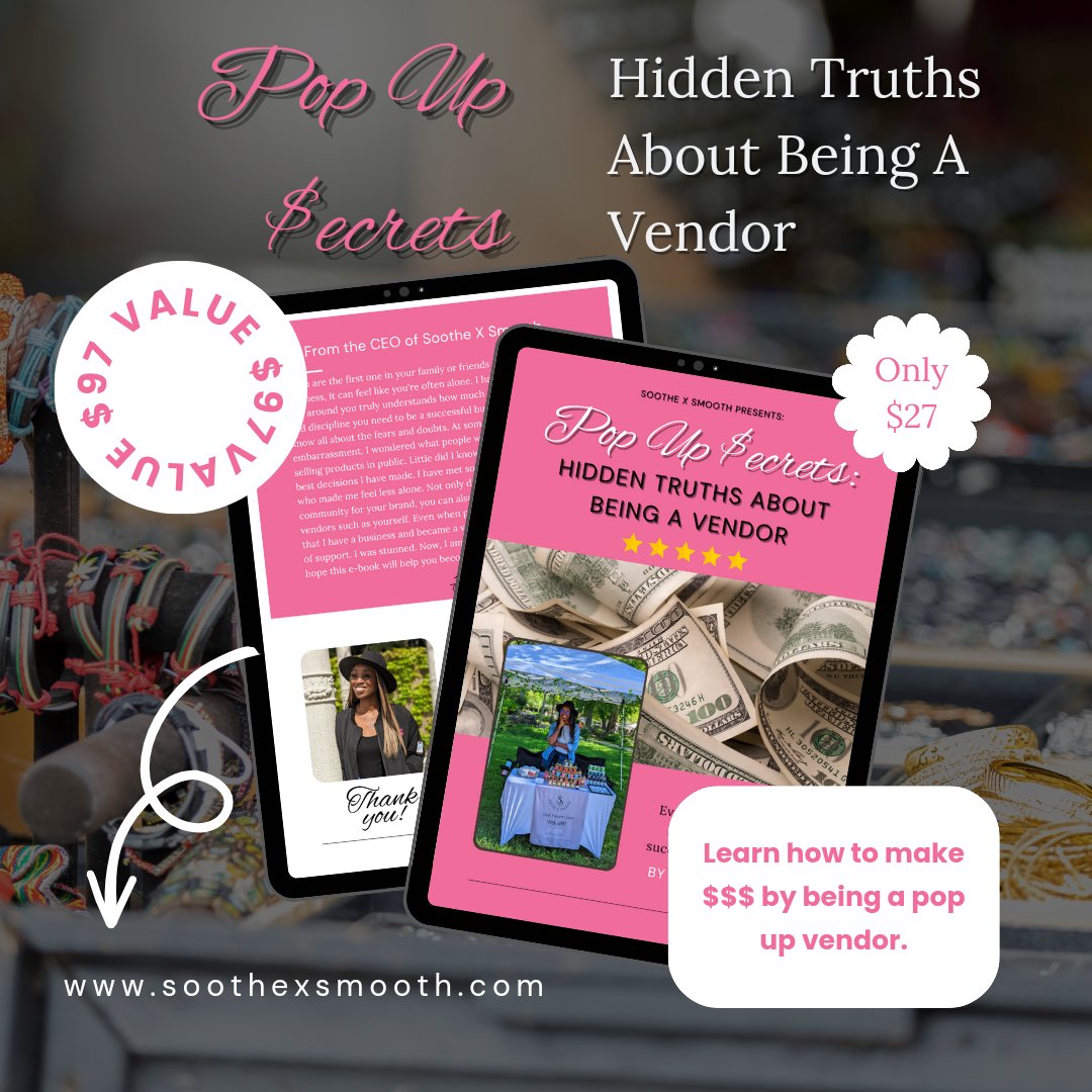 soothexsmooth's tweet photo. Sooo... I did a thing and wrote another E-Book. ๐
๐Pop Up $ecrets: Hidden Truths About Being A Vendor
๐ฐLearn how to make $$$ as a Pop up vendor.
#howtobeapopupvendor #popupevents #popupvendor #craftshow #craftshowvendor https://t.co/ZWGlqpc0Ic