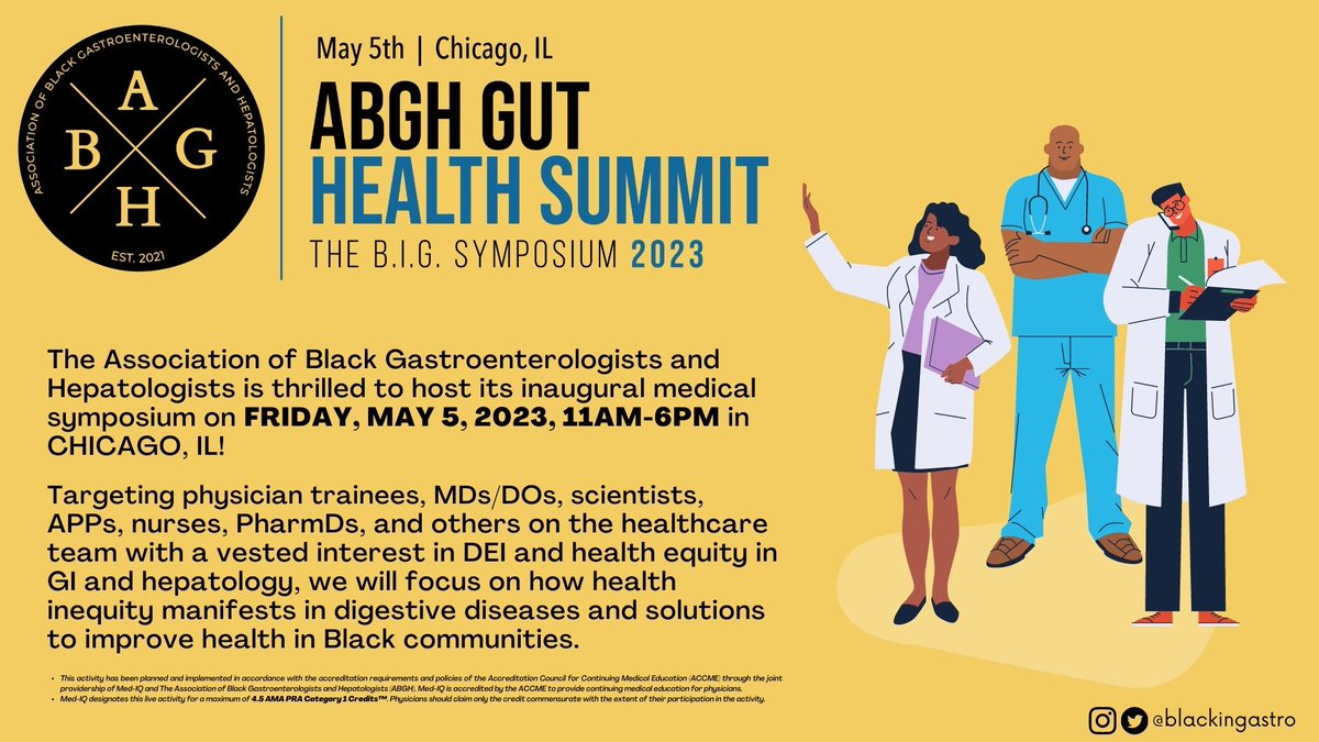 #GITwitter: Be a part of history!

The B.I.G. Symposium 2023: Health Equity at the Forefront is OPEN for registration.

Spots are filling up fast!
Head to blackingastro.org/events for the agenda and to register. 

See you in Chicago!

#ABGHSummit23
#blackingastro
#healthequity