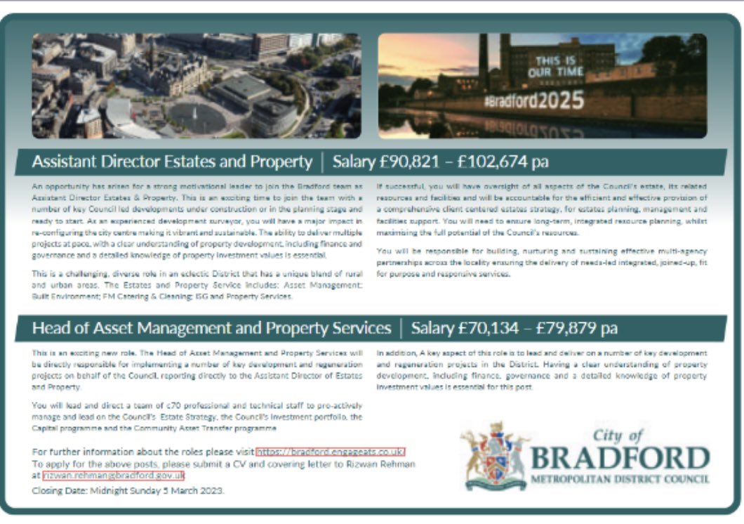 Two great role in @bradfordmdc 

Assistant Director Estate and Property
Head of Service  Asset Management

#bradforddistrict #sustainability #cleangrowthcitydistrict
 #PublicSector #LocalGov #GovJobs
#estates #property #assetmanagement