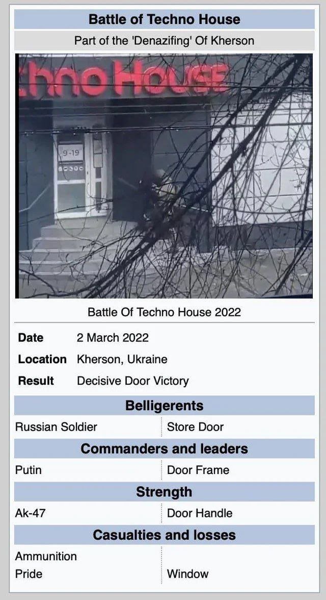loogunda's tweet image. Today is the anniversary of the epic battle of a Russian soldier against a Ukrainian store's door in Kherson (the door won)