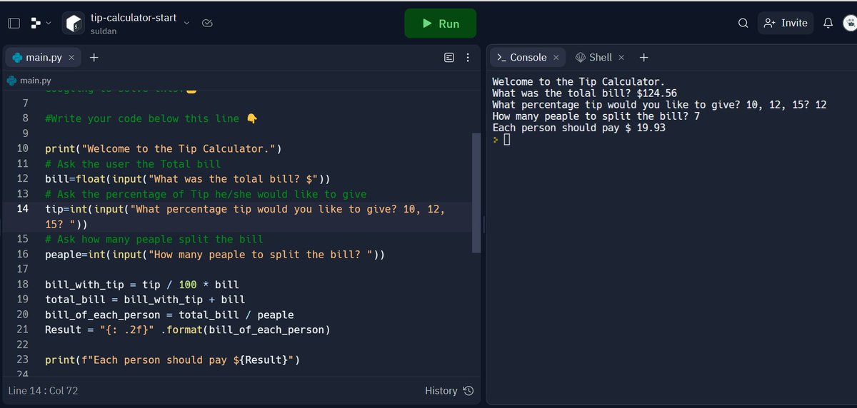 Ahmed2_1_'s tweet image. Alhamdulillah, I completed #Day2 Of #100DatsOfCode
I have Learnt more about:
- Python Primitive Data Types
- Type Errors, checking &amp;amp; Type Conversion
- Mathematical Operations in Python and more.

and finally built what I learnt to this &quot;Tip Calculator.&quot;

#100daysofcode 
#Python