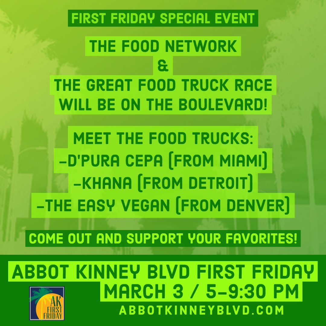 abbotkinneyblvd's tweet photo. Are you a fan of The Great Food Truck Race? See the competition in action at First Friday! 
@abbotkinneyblvd  #GreatFoodTruckRace #GFTR https://t.co/EmdKcEE27w