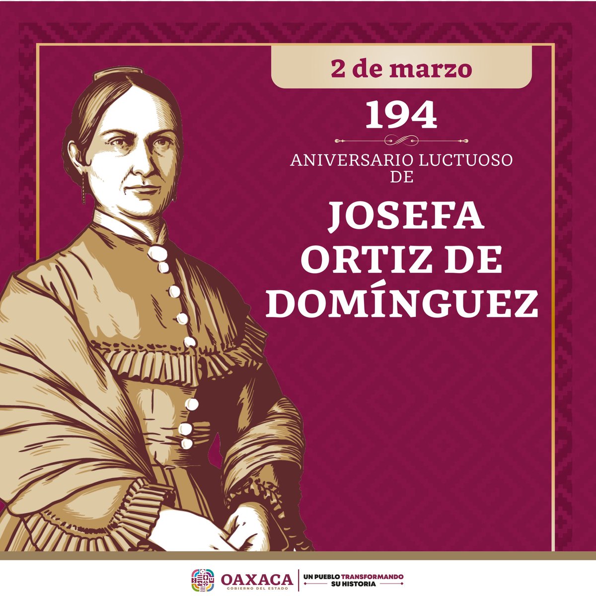 Este jueves conmemoramos el 194 aniversario luctuoso de Josefa Ortiz de Domínguez, una de las próceres mexicanas y gestoras de la Primera Transformación de nuestro país. Honramos su legado y memoria.🕊️