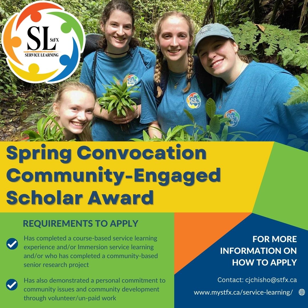 StFX_ServeLearn's tweet photo. Nominations for the 2023 Service Learning Community-Engaged Scholar Award are now being accepted!

The Community-Engaged Scholar Award recognizes a graduating student who has made outstanding contributions to the community. https://t.co/Yd4LTa5QUD