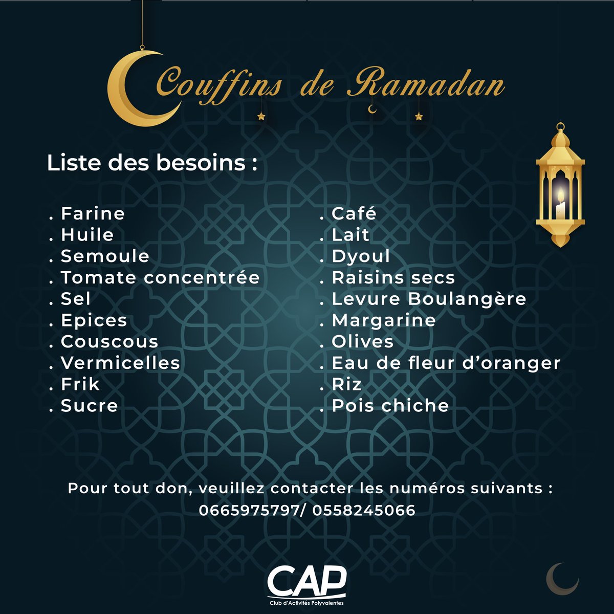 CAPENP's tweet photo. Le Ramadan est à nos portes, apportant avec lui son lot de générosité et de bienfaisance. 

Comme à l'accoutumée, le CAP organise "Qoffat Ramadan", pour cela,  nous avons besoin de vous et de vos dons.

Pour toute question nos réseaux restent à votre disposition. https://t.co/ec52GqsD2R