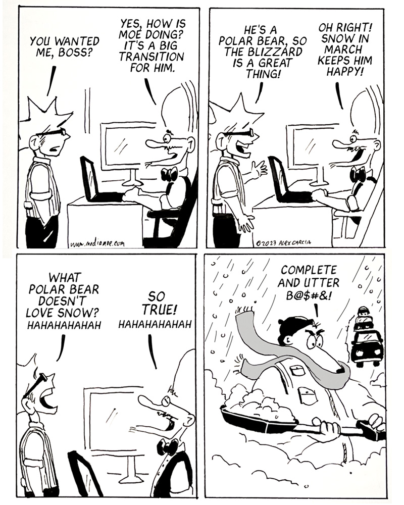 MediaMoe's tweet photo. Snow in March #blizzard #snow #webcomic #comicstrip #tvstation #mediahumor #newsmedia #weather https://t.co/2XdeH7qEWA
