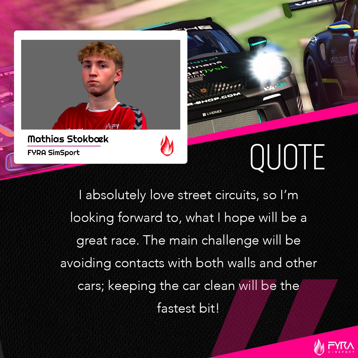 Saturday night, we're back for the 4th round of the Porsche TAG Heuer eSports Supercup. Adding Mathias Stokbæk to the team, we've got four drivers lined up and ready to go.

Race starts at 19.00 CET - watch it live on twitch.tv/porsche 🔥