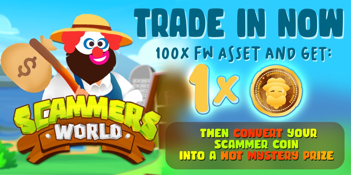 Welcome to Scammers World!

Trade in 100 Farmersworld NFTs for one Scammer Coin here:
nfthive.io/craft/67
Burn your Scammer Coin for amazing Prizes here:
nfthive.io/craft/71

Follow🔗 Retweet🔄 Tag 3 Friends👥+ Your WAX Wallet to get your first FREE Scammer Coin! 
🤡❤️🪙