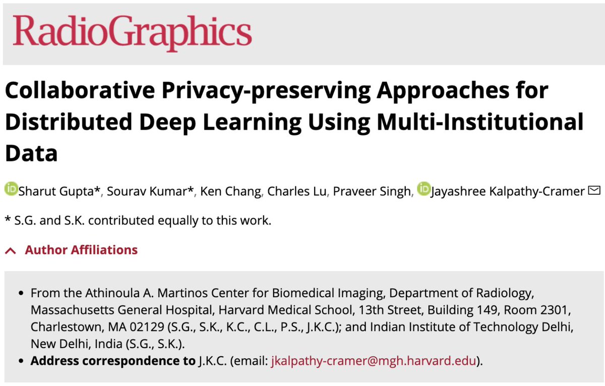 Collaborative training of deep learning models in medical imaging is key to improving their robustness and generalizability. Our latest article reviews methods for collaborative training and key considerations for successful deployment. @RadioGraphics pubs.rsna.org/doi/10.1148/rg… 1/n