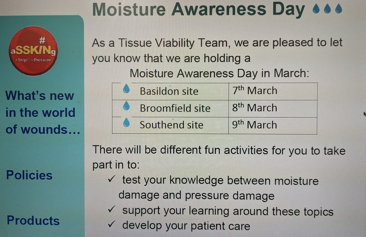Next week is time to  raise awareness for the importance of preventing and managing moisture damage. Check the date for each site and join the TVNs in lots of activities, there will be prizes to ! <a href="/MSEHospitals/">Mid and South Essex NHS Foundation Trust</a>
<a href="/RaciJ/">Rachel Johnson</a> <a href="/Mel_Chambers76/">Mel Chambers</a> <a href="/hannahoverland/">Hannah Overland</a>