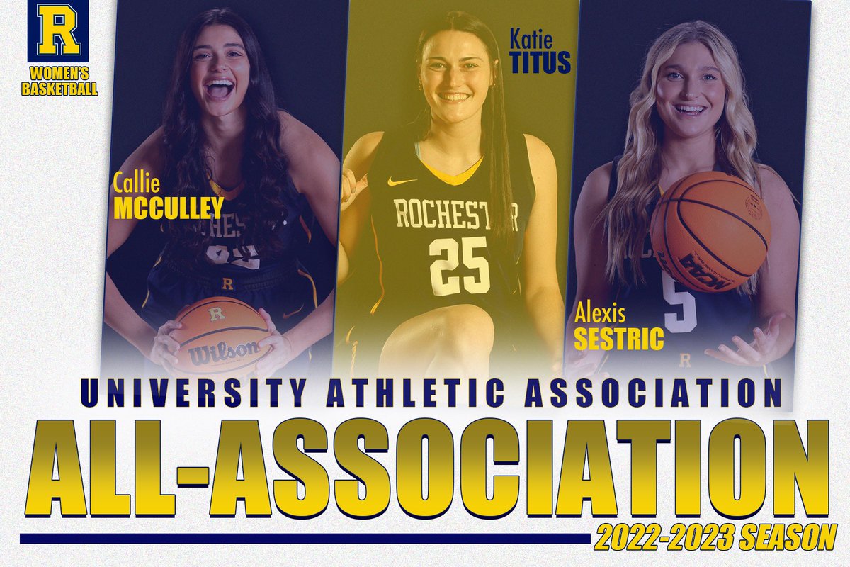 RochesterWBB's tweet photo. Congrats to our three UAA All- Association selections! 

Graduate Student Katie Titus was named to the first team, while seniors Callie McCulley &amp; Alexis Sestric earned second team honors! 

#GoJackets https://t.co/pyj8lRwBWm