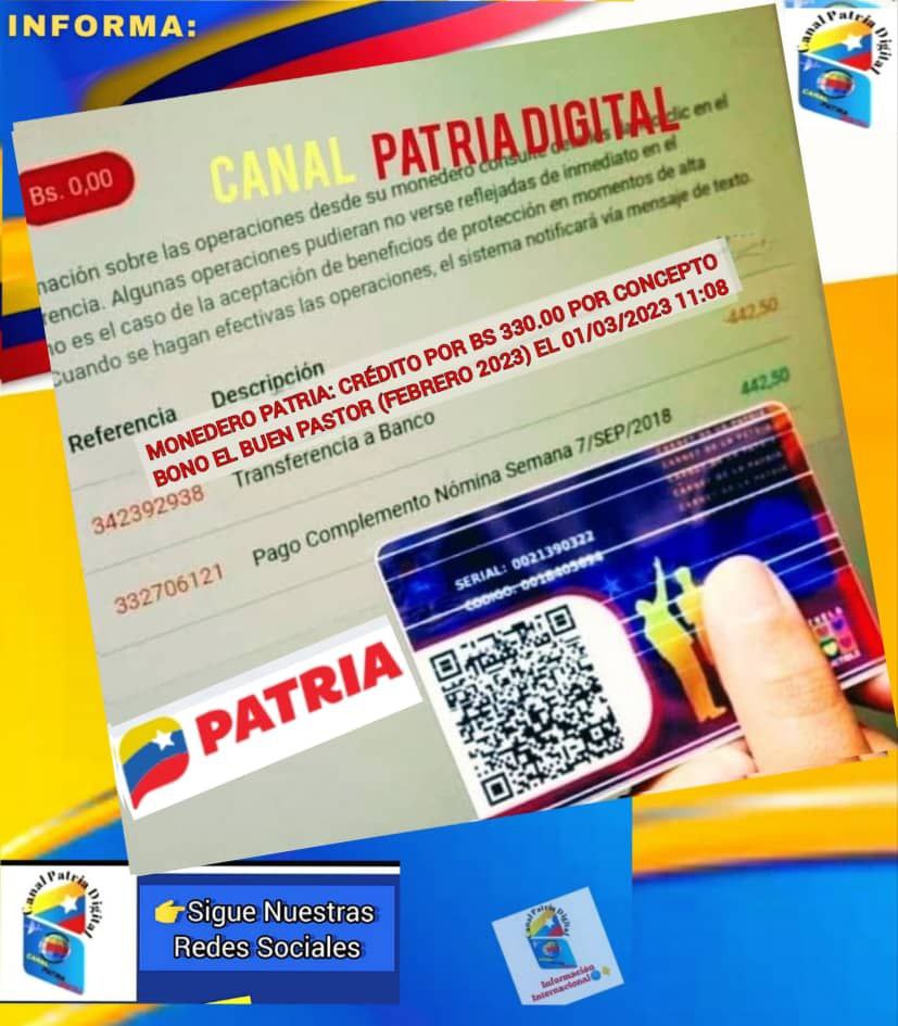 #AHORA

💳 Sistema Patria inició la entrega del Bono El Buen Pastor, febrero 2023 enviado por nuestro Pdte. <a href="/NicolasMaduro/">Nicolás Maduro</a> a través del Sistema <a href="/CarnetDLaPatria/">Carnet de la patria</a>.

Bono para la comunidad cristiana 

Monto: 330 Bs.

#ProducirEsIndependencia