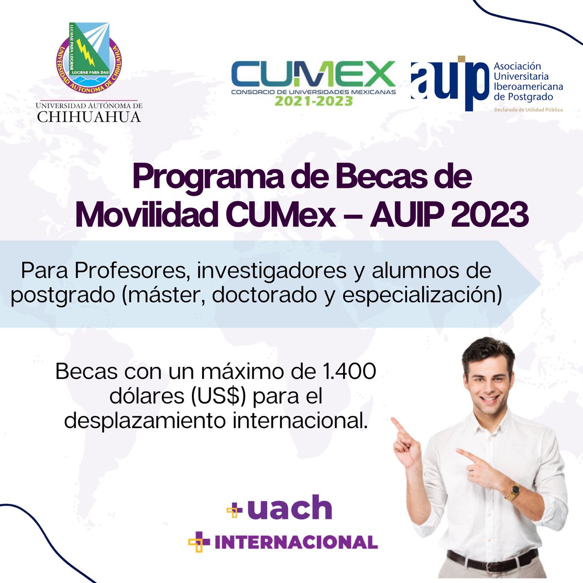 CSRI_UACH's tweet image. Participa en el Programa de Becas de Movilidad CUMEX-AUIP📢
Es indispensable registrarte en 👉 movilidad.uach.mx 
Recuerda que la Carta de Presentación debe ser solicitada en UACH - Dirección de Investigación y Posgrado 📝