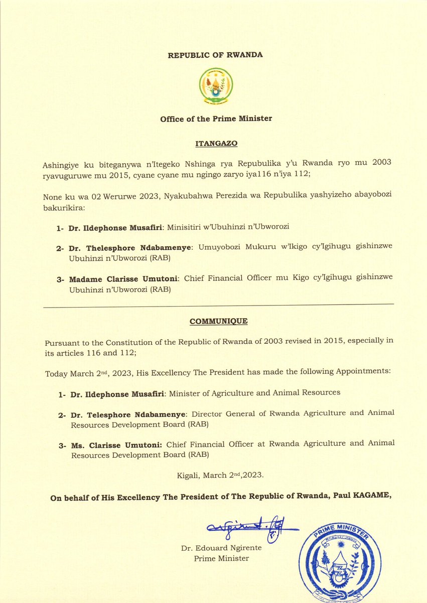 Itangazo riturutse mu Biro bya Minisitiri w'Intebe | Communiqué from the Office of the Prime Minister