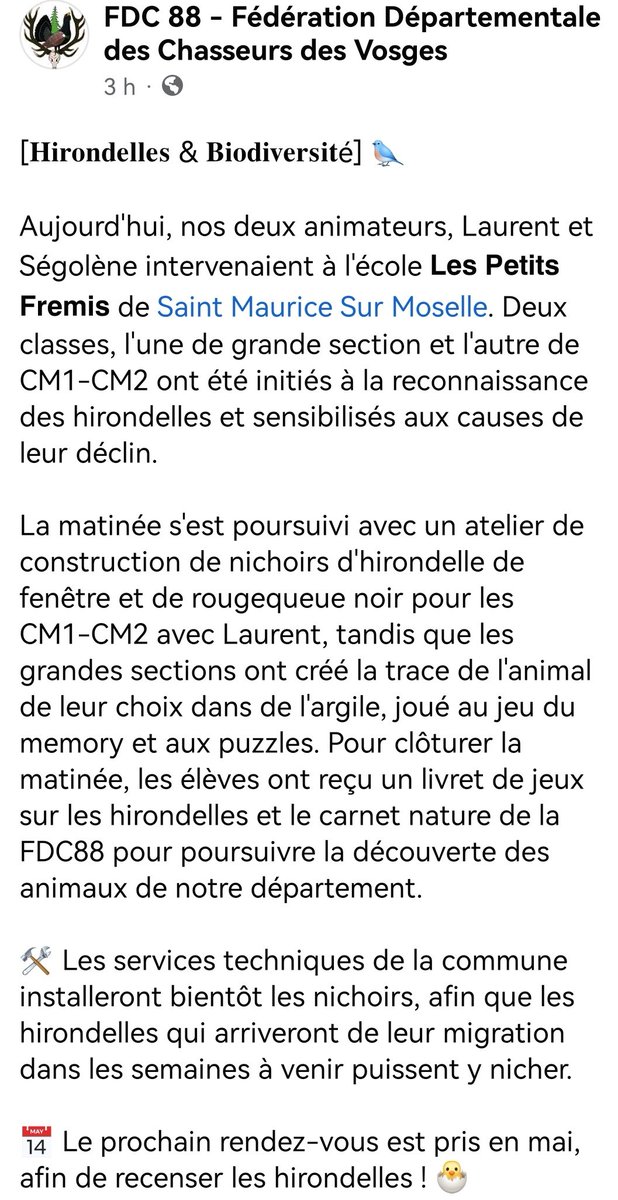 MoselleHunt's tweet photo. La #FDC88 est intervenue dans une école primaire pour sensibiliser les #Enfants sur les #Hirondelles 😍
#Nichoirs #IlsSachentNousChassons #ChassePartage #ChasseursEnAction https://t.co/7oKkZA0Vnp