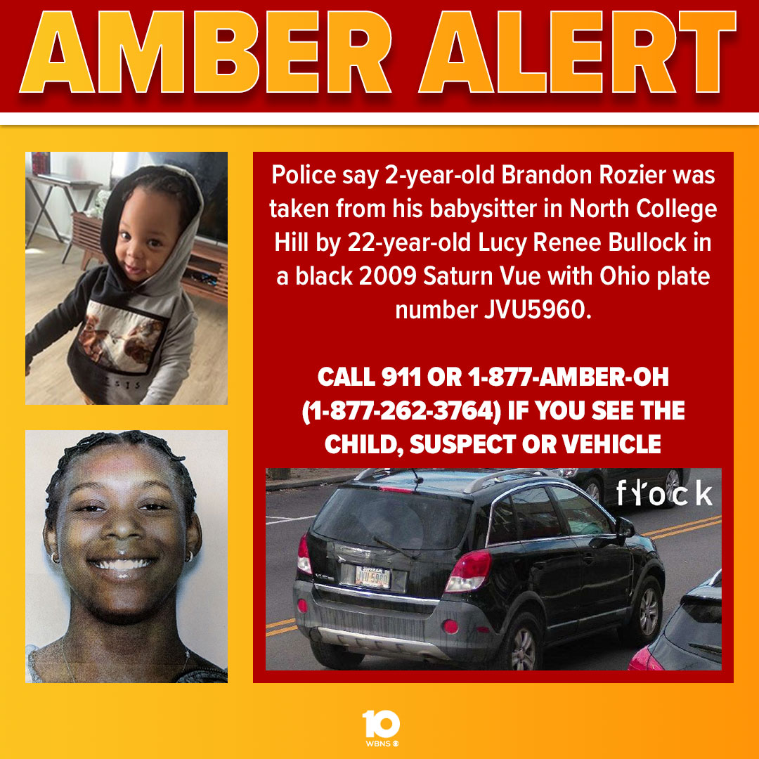 10TV's tweet photo. AMBER ALERT IN OHIO | The North College Hill Police Department believes 2-year-old Brandon Rozier Jr. is in danger after he was allegedly taken from his babysitter by 22-year-old Lucy Bullock Thursday morning. | https://t.co/oidvfDN9sj #10TV https://t.co/eOTN5BMJxl