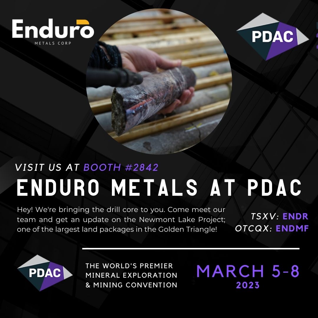 EnduroMetals's tweet photo. Our team will be at @the_PDAC on March 5-8! 

Stop by the Enduro Booth (#2842) to learn about the Newmont Lake Project; one of the Golden Triangle's largest land packages.

$ENDR $ENDMF 

#investing #copper #PDAC2023 https://t.co/Nh4taBboks